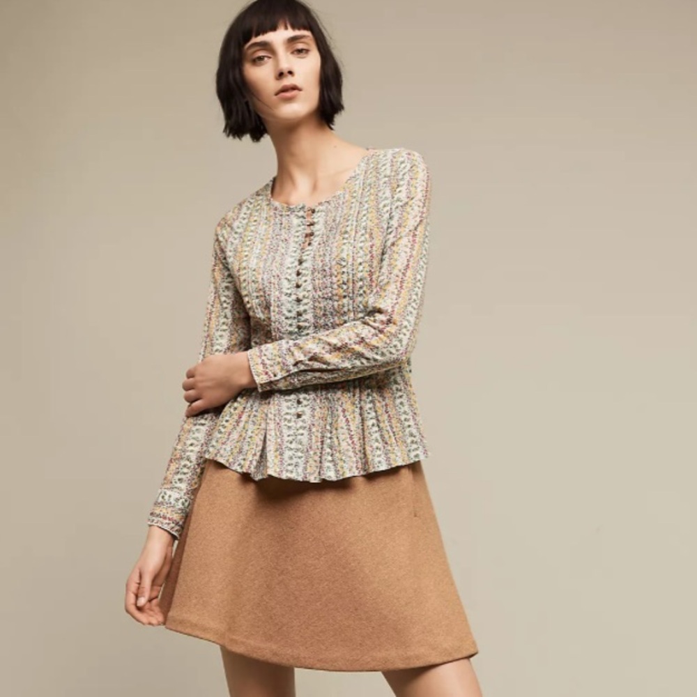 Anthropologie Maeve Gelise Floral Blouse Button Front Pin Tuck Peplum Ruffle S